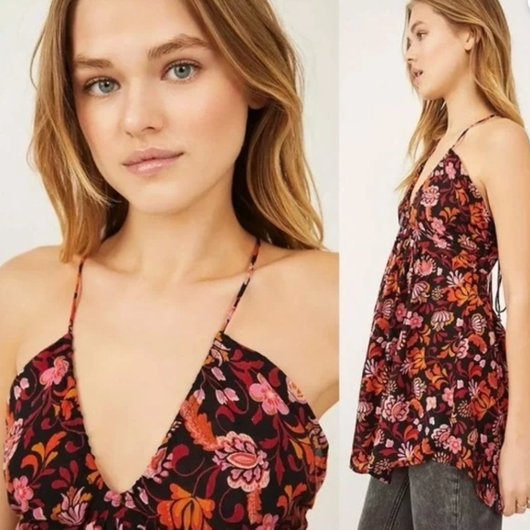 Free People Bohemian Gypsy Floral Halter Tunic Dress Beach Cover Up Bells XL - Picture 6 of 7